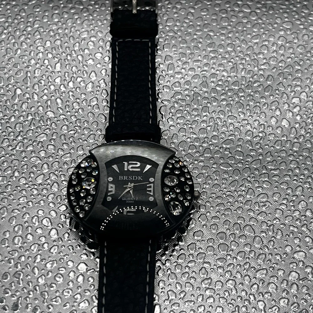 BRSDK Watch Quartz 3390 New Battery Black W/ Rhinestones Silver Numbers